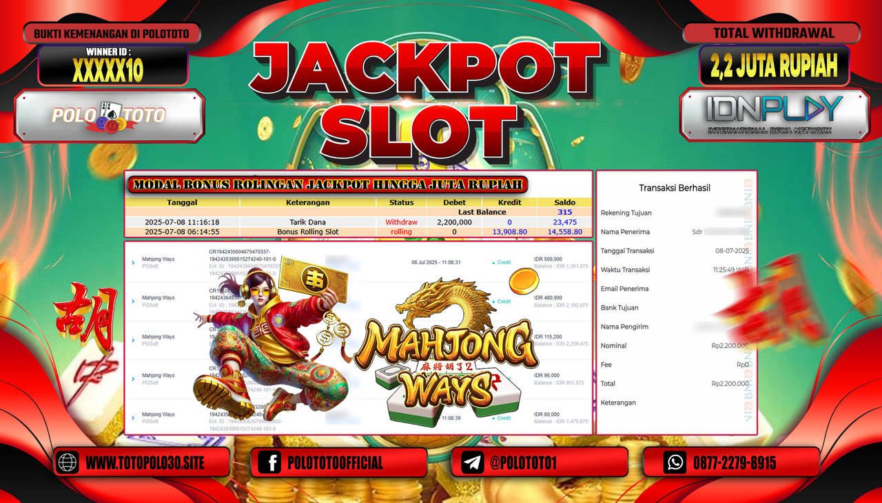 POLOTOTO JACKPOT SLOT MAHJONG WAYS Rp.2.200.000,- LUNAS