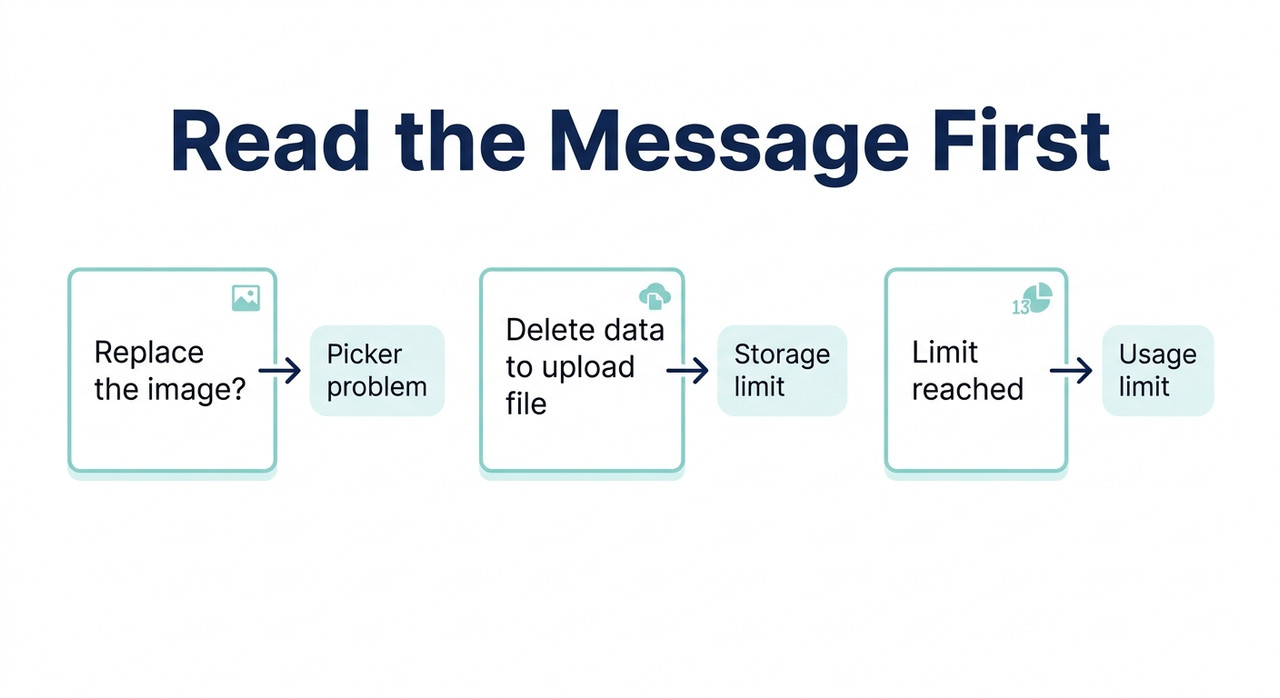 Fix Gemini Only Uploading One Image at a Time (2026) 3 Gemini upload messages mapped to causes: replace image means picker, delete data means storage, limit reached means usage limit