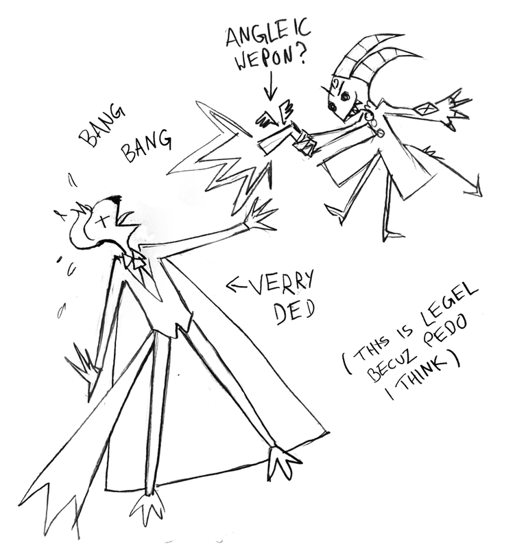 Blitz's drawing of himself shooting Altair with an angelic weapon