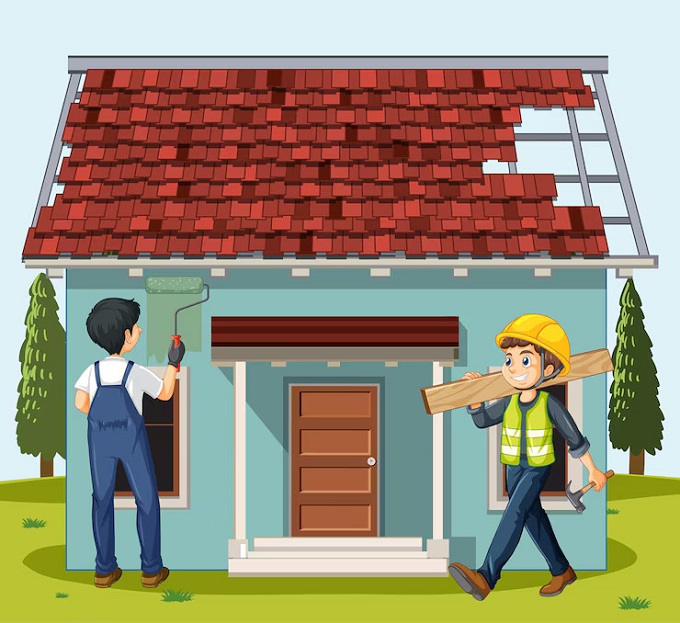 A man is repairing the roof of a house under clear blue skies.