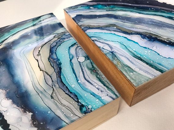 Alcohol Ink Fluid Art Abstract With Golds  Sealed with Resin