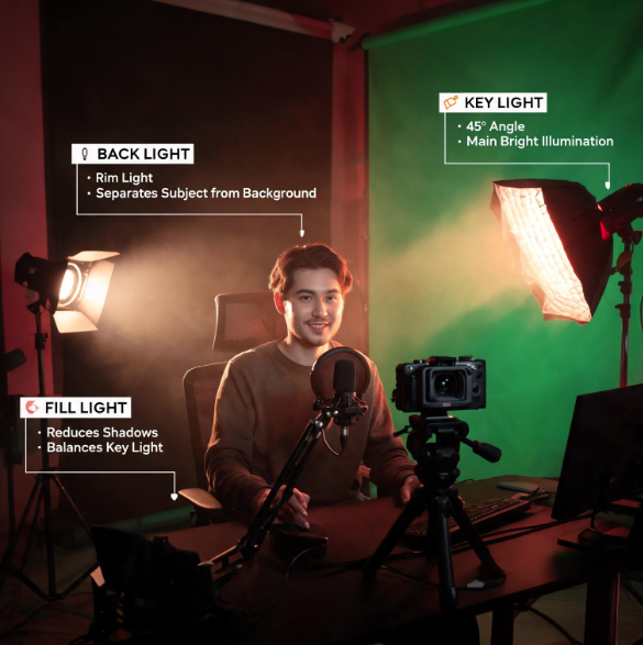 Thiết lập ánh sáng 3 điểm giúp webcam tạo hình ảnh chuyên nghiệp với chiều sâu, tách nền và hiệu ứng điện ảnh.