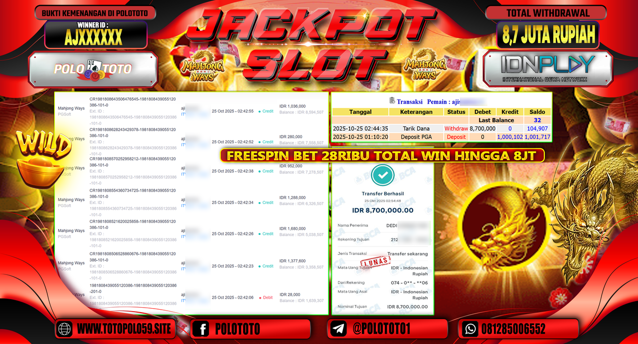 POLOTOTO JACKPOT SLOT MAHJONG WAYS Rp.8.700.000,- LUNAS