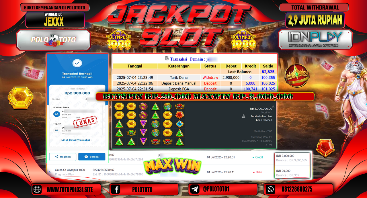 POLOTOTO JACKPOT SLOT GATES OF OLYMPUS SUPER SCATTER Rp.2.900.000,-