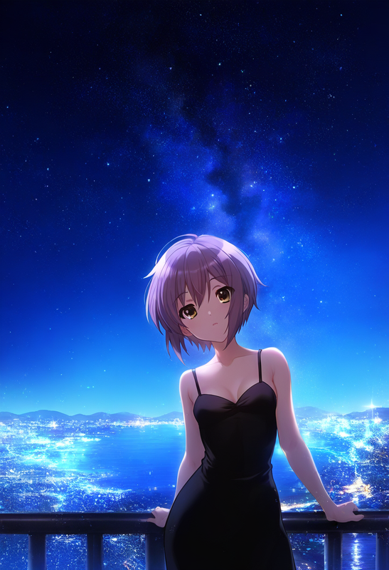 1girl, nagato yuki (suzumiya haruhi no yuuutsu), black dress, Leaning on a rooft s-4116142225