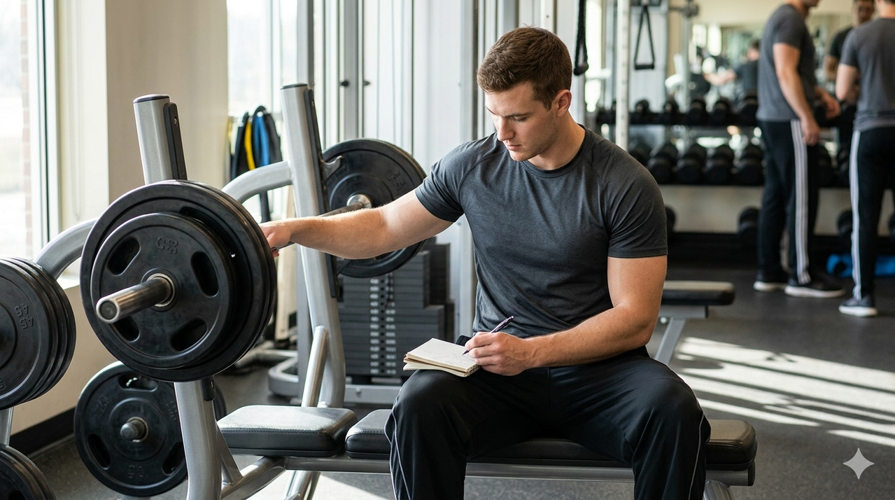 Person logging lifts and adding weight in notebook, showing how to fix bulking mistakes and progressive overload for failed bulking phase recovery