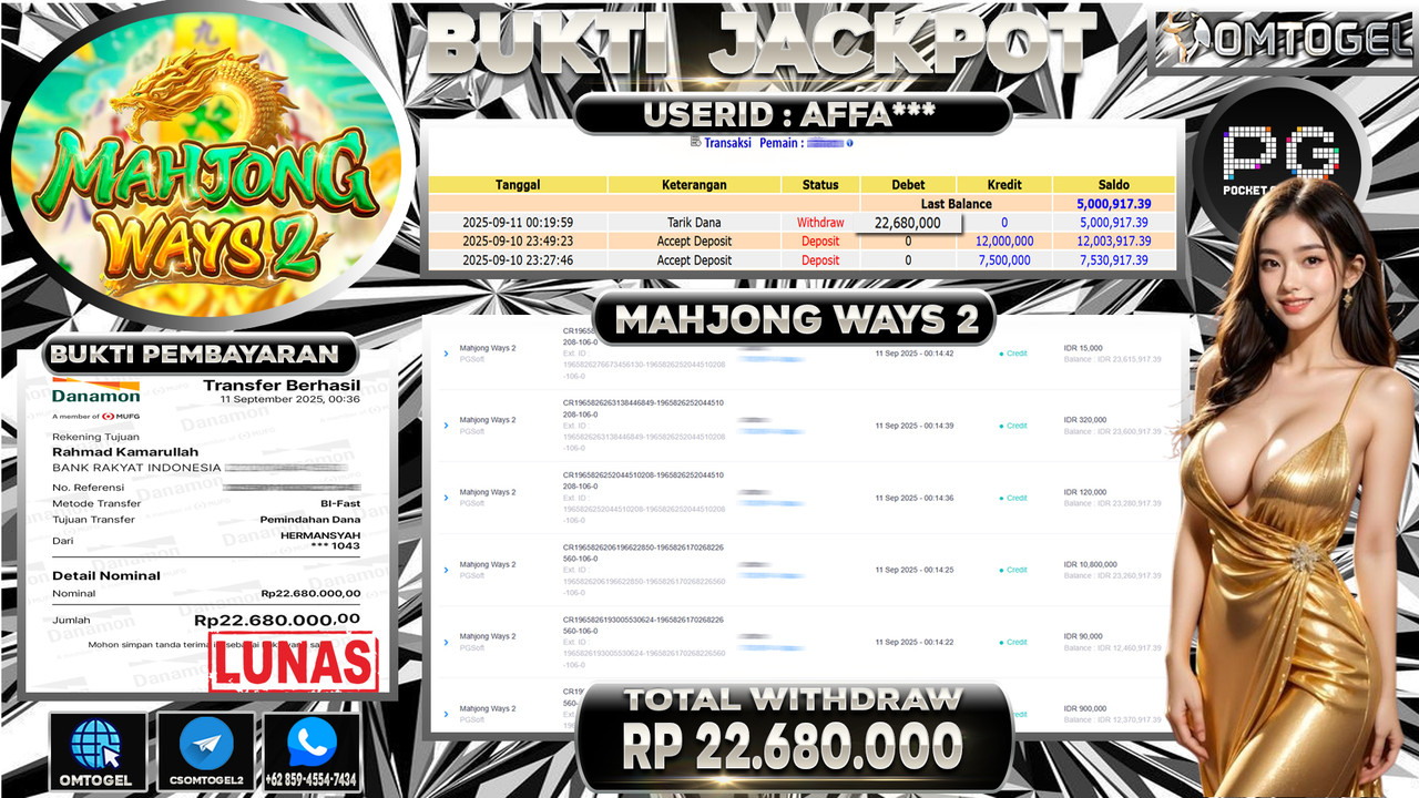 OMTOGEL JACKPOT PGSOFT MAHJONG WAYS 2 22 JUTA DI BAYAR LUNAS ,-