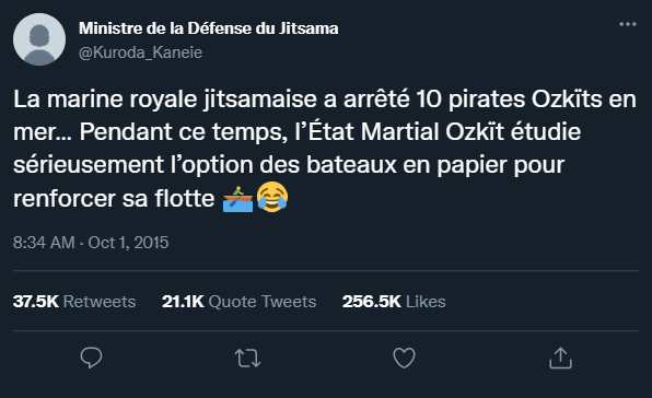 Tweet du Ministre de la Défense du Jitsama, monsieur Kuroda Kaneie.