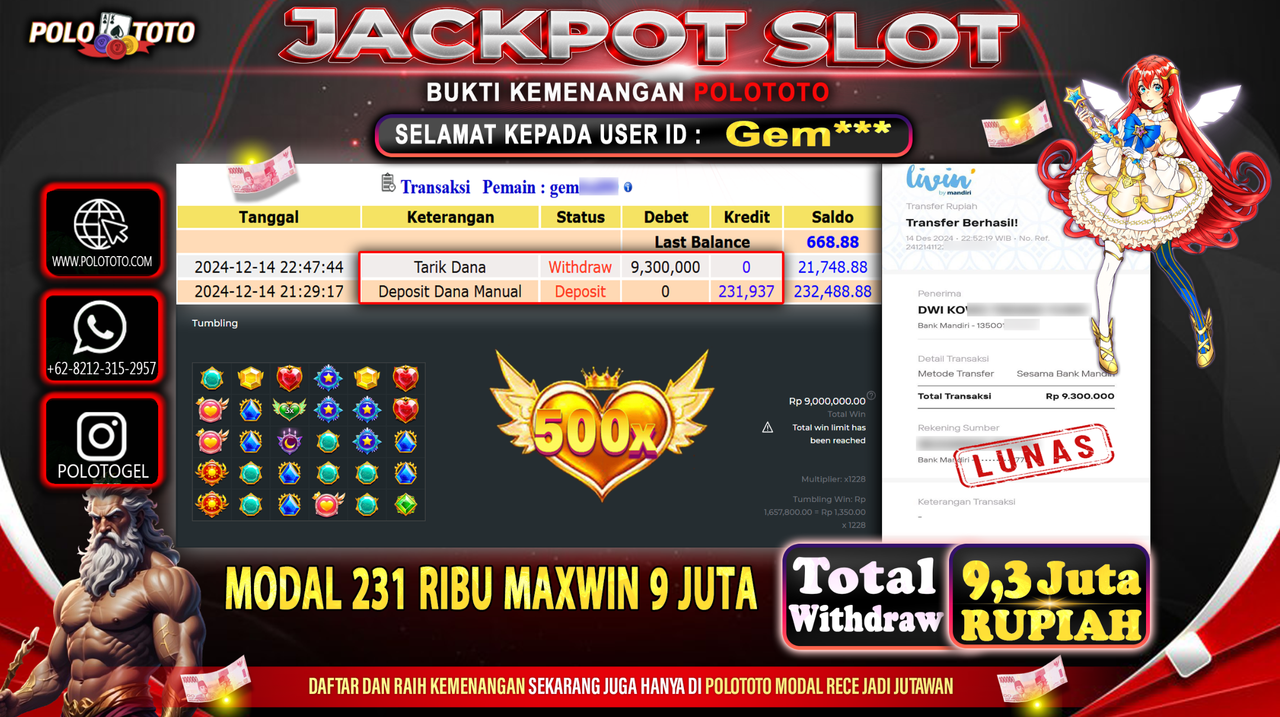 POLOTOTO JACKPOT SLOT STARLIGHT PRINCESS Rp.9,300.000,-