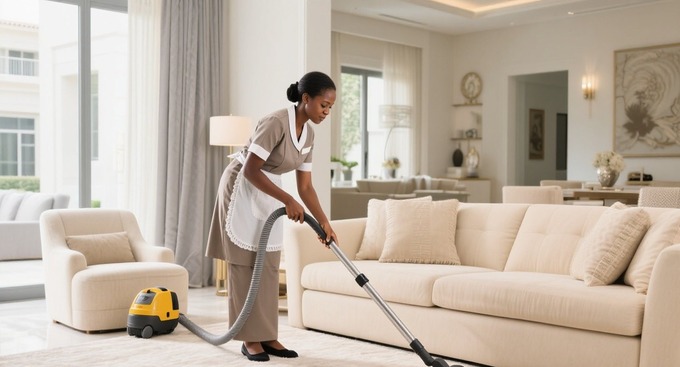 Ugandan housemaid working inside a modern house