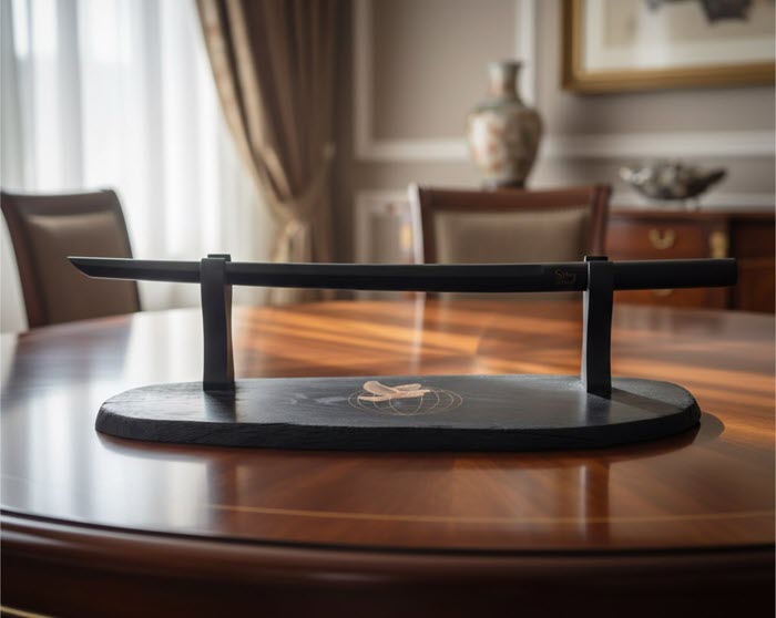 Меч Мира Бакен из мореного дуба с автографом Стивена Сигала на подставке