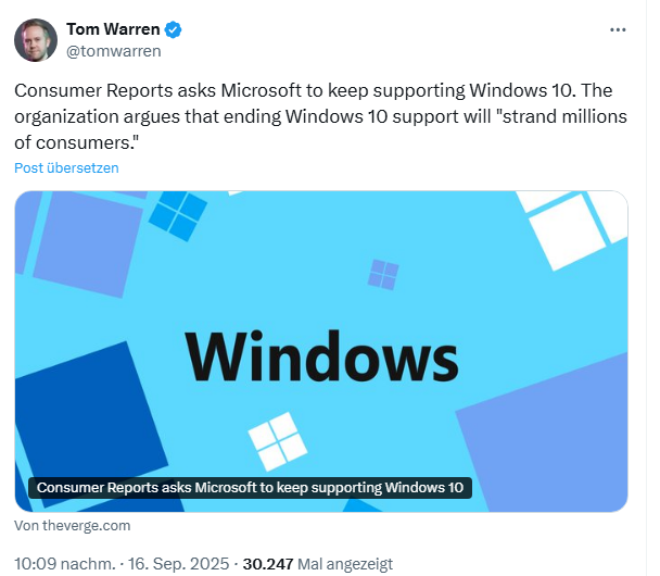 US Consumer Reports about Windows 10 EOL