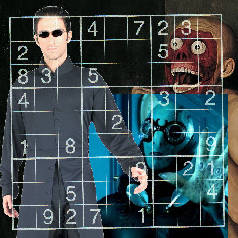 a sudoku puzzle superimposed over a collage of a bad neo - the matrix costume, abe sapien from hellboy, and the painting "Face-Off" by Xue Jiye