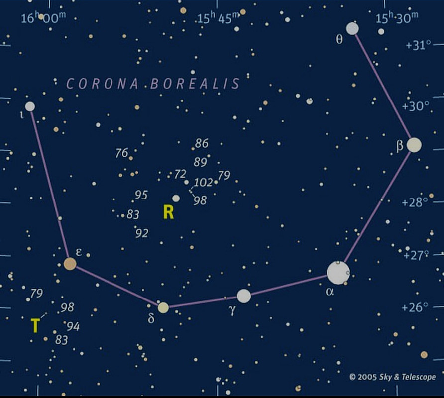 mapa de observacin con prismticos de la estrella T CrB