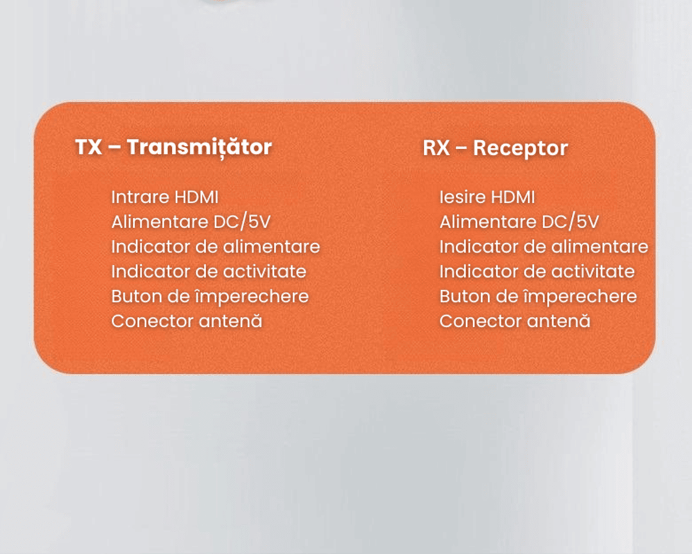Kit extensie HDMI wireless 150m, Transmitator si receptor HDMI fara fir, Adaptor HDMI wireless Full HD 1080p, Dispozitiv transmisie video HDMI fara cabluri, Conexiune HDMI wireless pentru TV monitor proiector, HDMI wireless Plug & Play alimentare USB 5V, Sistem de oglindire ecran fara fir, Extender HDMI wireless cu tehnologie 2.4G+5G WiFi, Streaming video HD fara lag stabil si clar, Kit HDMI wireless cu antene rotative 360°