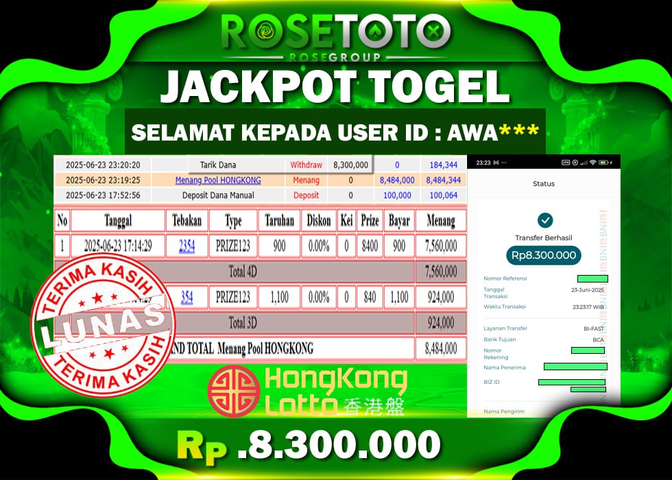 ROSETOTO JACKPOT TOGEL HONGKONG LOTTO Rp.8.300.000.,- LUNAS