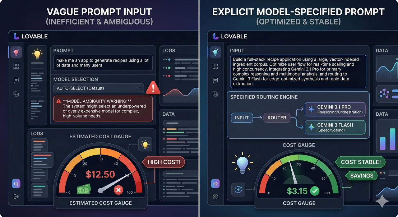Before and after comparison of bad vs good Lovable AI prompt setups — vague prompt causing 429 error vs explicit model-routed prompt with stable costs