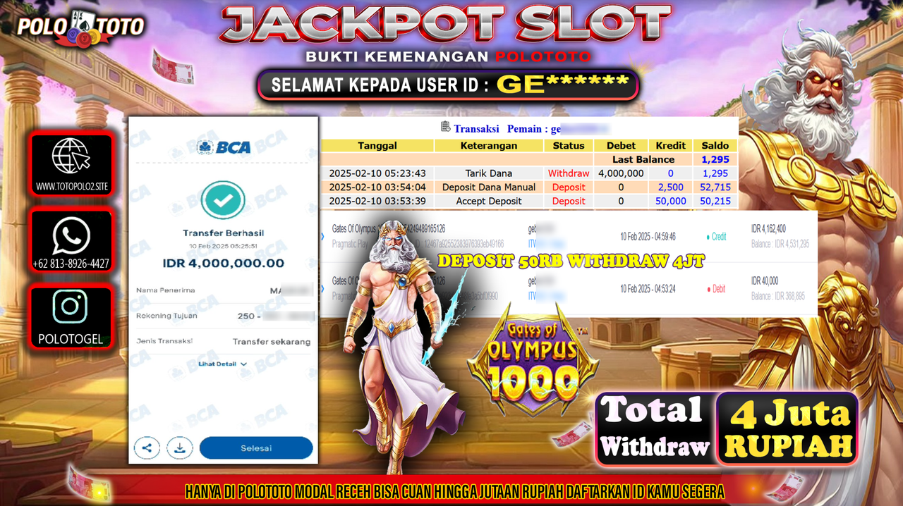 POLOTOTO JACKPOT SLOT GATES OF OLYMPUS 1000 Rp.4,000.000,-