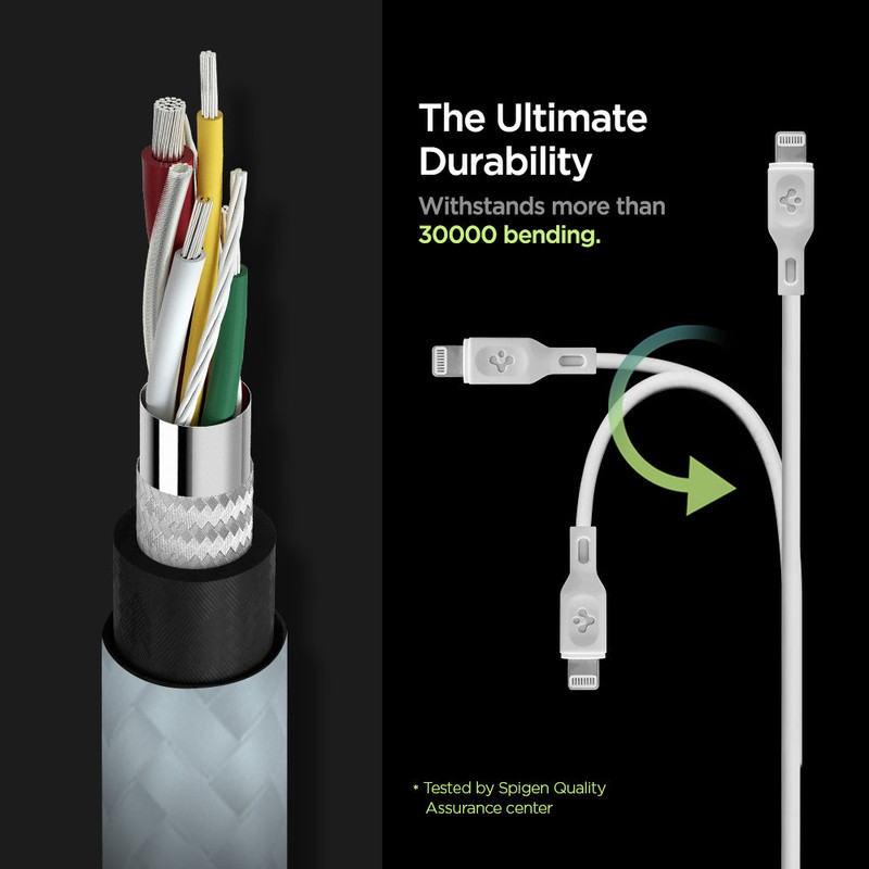 Detalle del conector ergonómico EZ Grip del cable Spigen DuraSync.