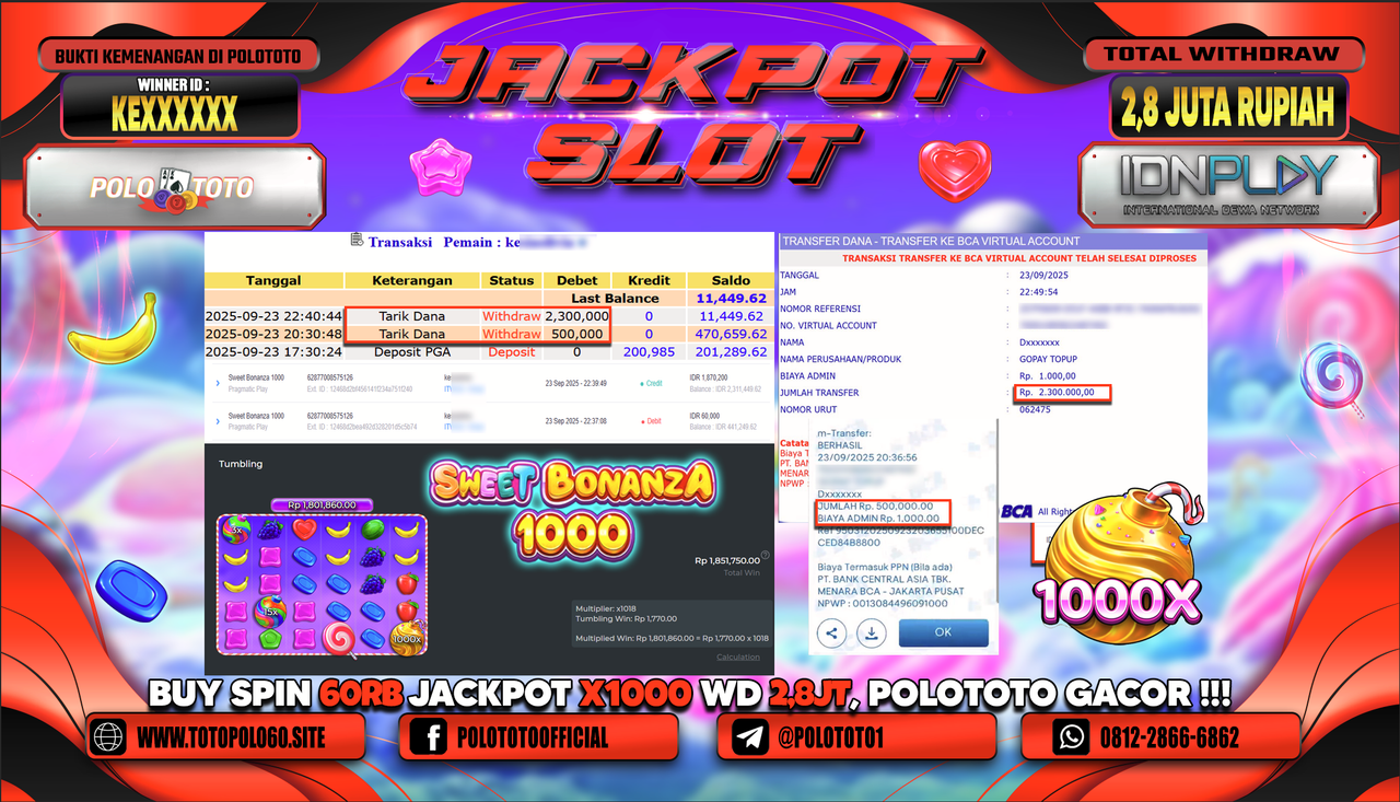 POLOTOTO JACKPOT SLOT SWEET BONANZA 1000 Rp.2.800.000,- LUNAS