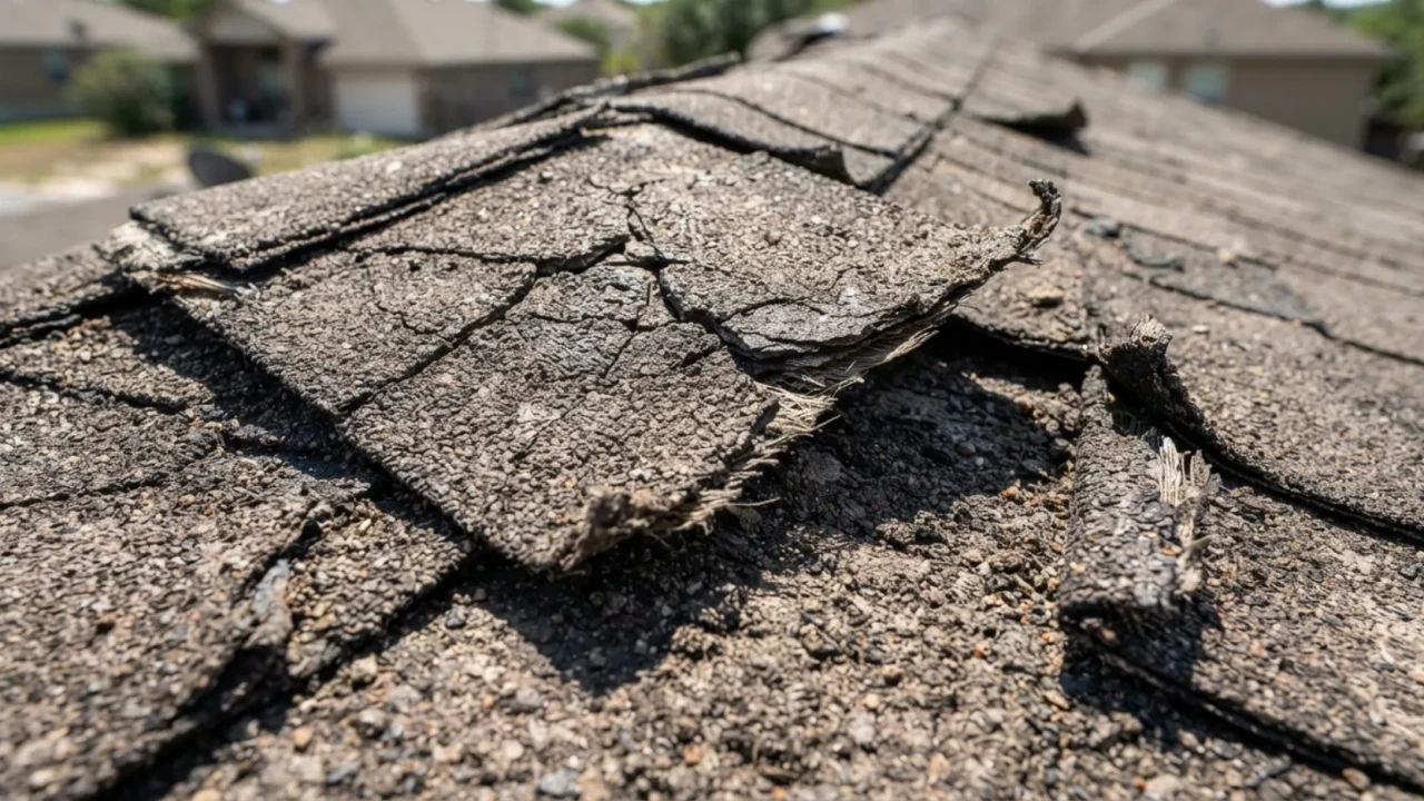 Cracked and curling shingles on San Antonio roof close up