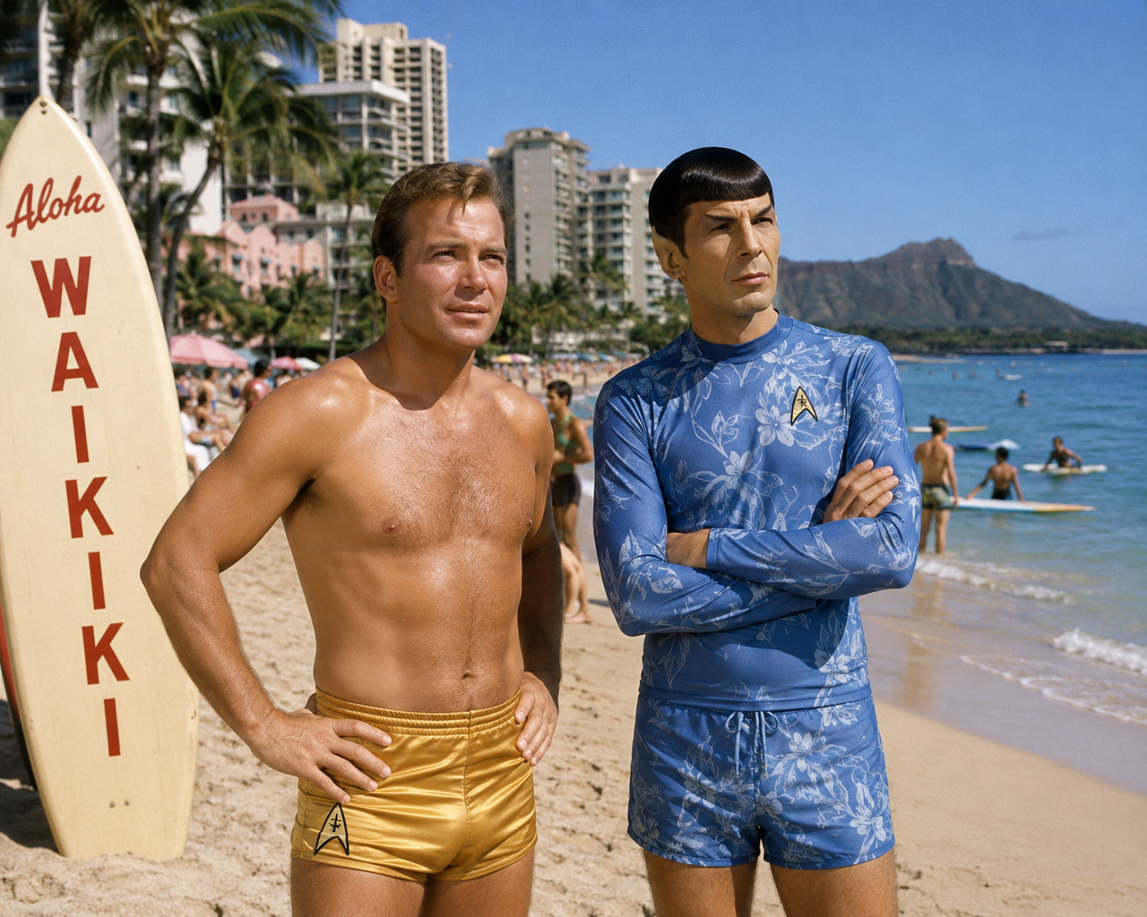 Jim and Spock in swim trunks
