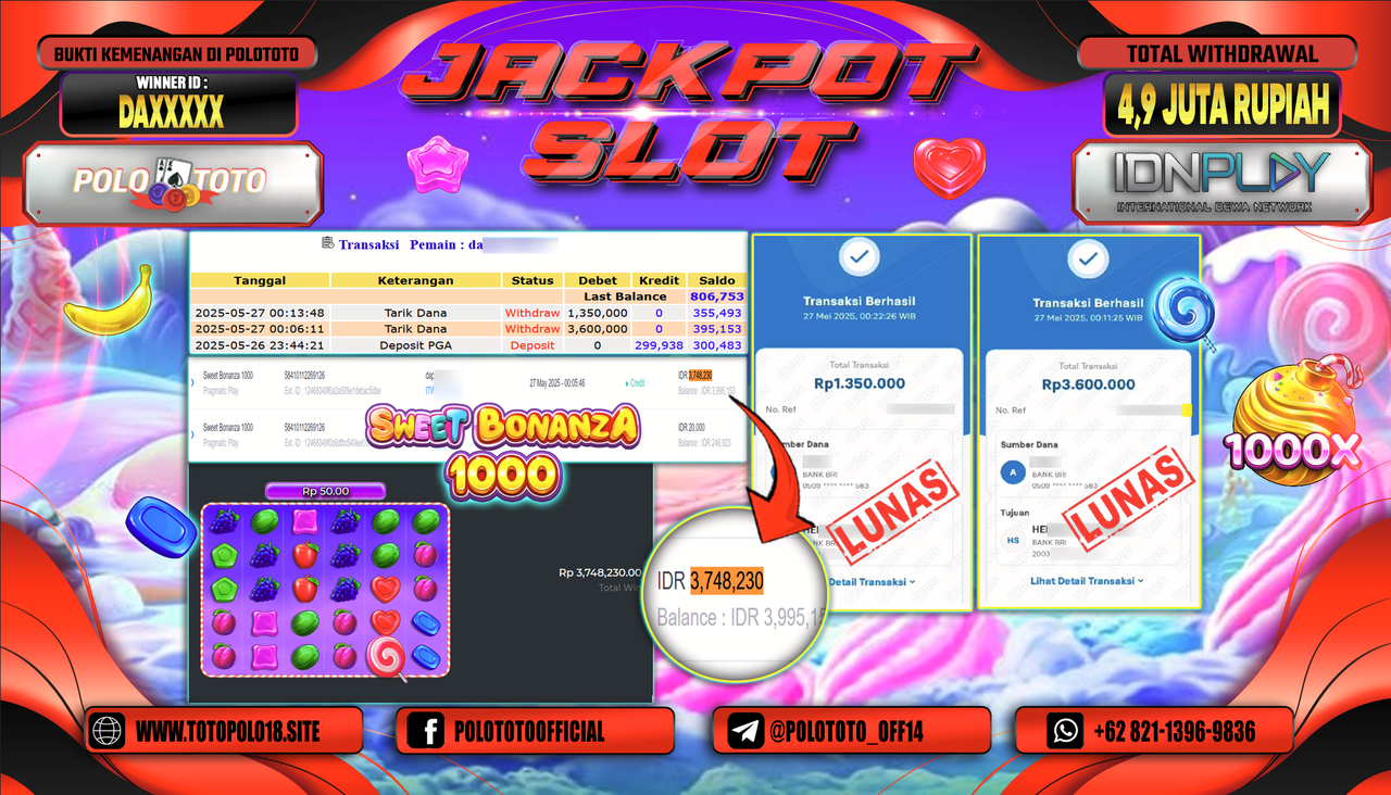 POLOTOTO JACKPOT SLOT SWEET BONANZA 1000 Rp.4.950.000,-