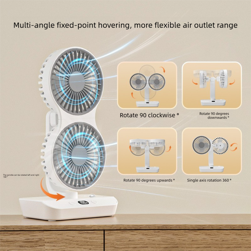 Dual-head Desktop Fan 4000mAh Rechargeable with 4 Speeds LED Display and Night Light Portable Silent Cooling Solution for Home Office and Local Travel