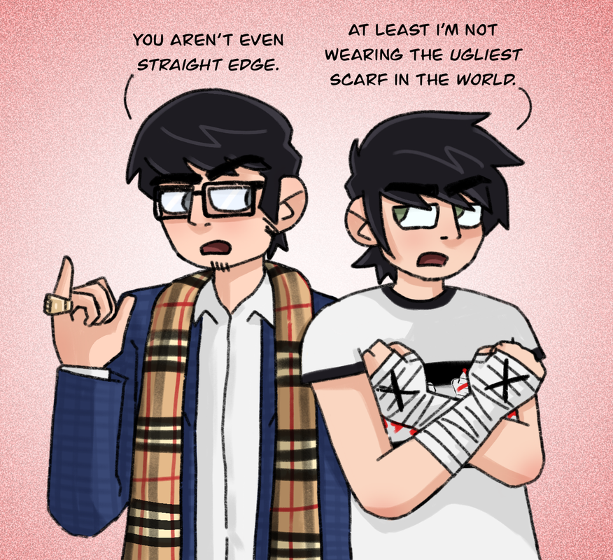 a drawing of gideon from scott pilgrim and my self-insert, mike, glaring at each other. gideon is dressed like the wrestler maxwell jacob friedman and mike is dressed like the wrestler cm punk. gideon says 'you aren't even straight edge.' mike says 'at least i'm not wearing the ugliest scarf in the world.' the background is a red and white vignette.