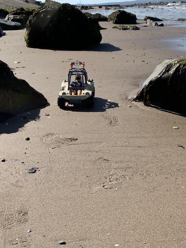 Action Man enjoying a ride out in his Desert buggy on a beach. IMG-5401