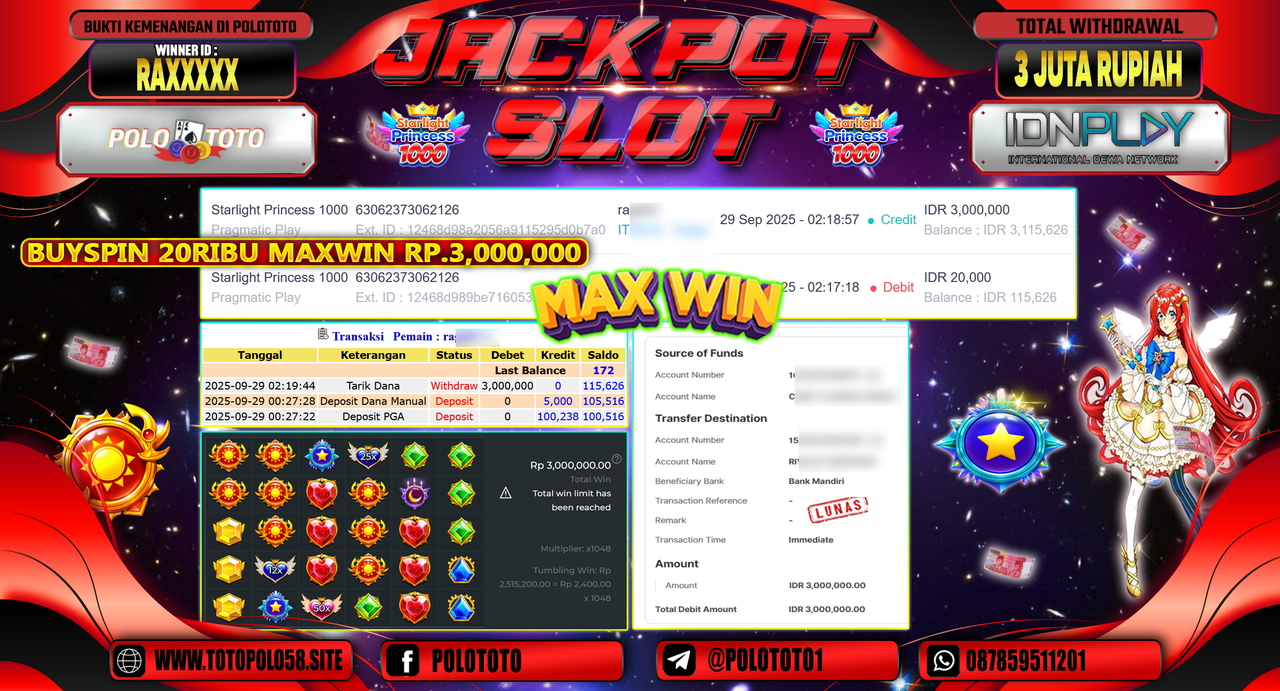 POLOTOTO JACKPOT SLOT STARLIGHT PRINCESS 1000 Rp.3.000.000,- LUNAS