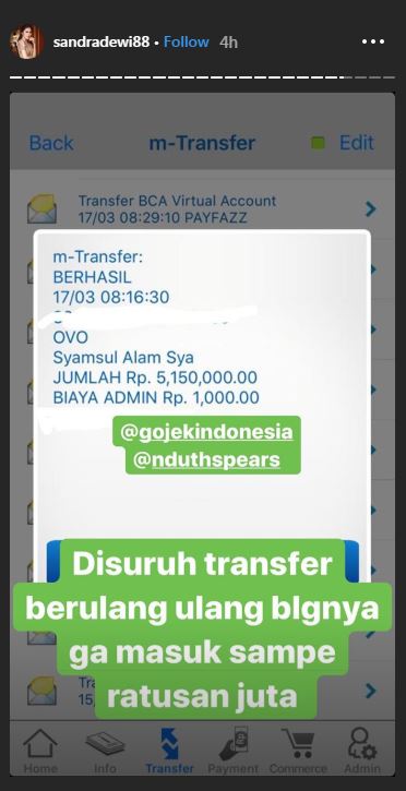 Unggahan bukti transfer asisten Sandra Dewi
