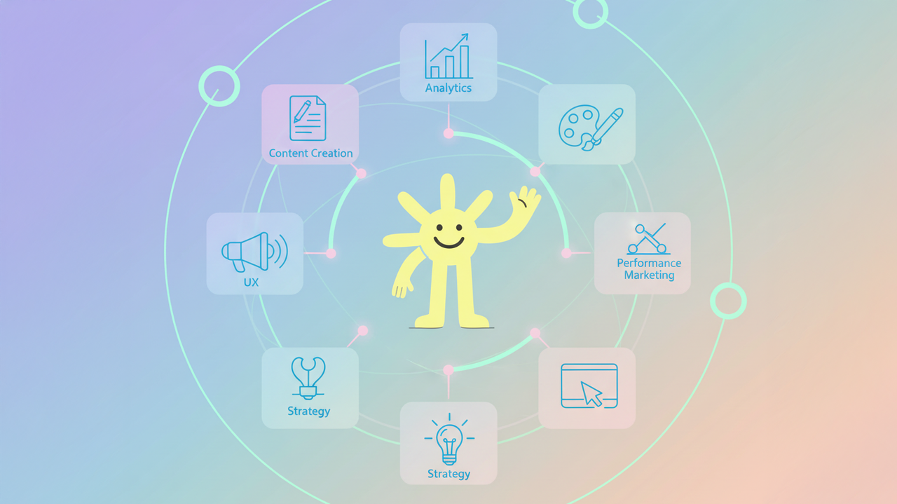 Pastel orbit style illustration of a yellow character surrounded by specialised marketing functions like analytics, content, UX and performance.