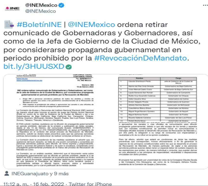 INE ordena a gobernadores de Morena retirar desplegado en apoyo a AMLO