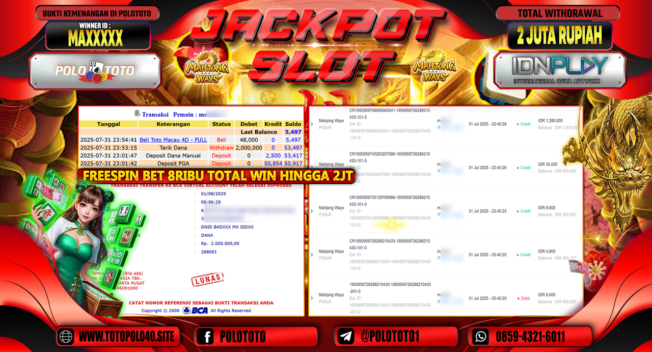 POLOTOTO JACKPOT SLOT MAHJONG WAYS Rp.2.000.000,-LUNAS