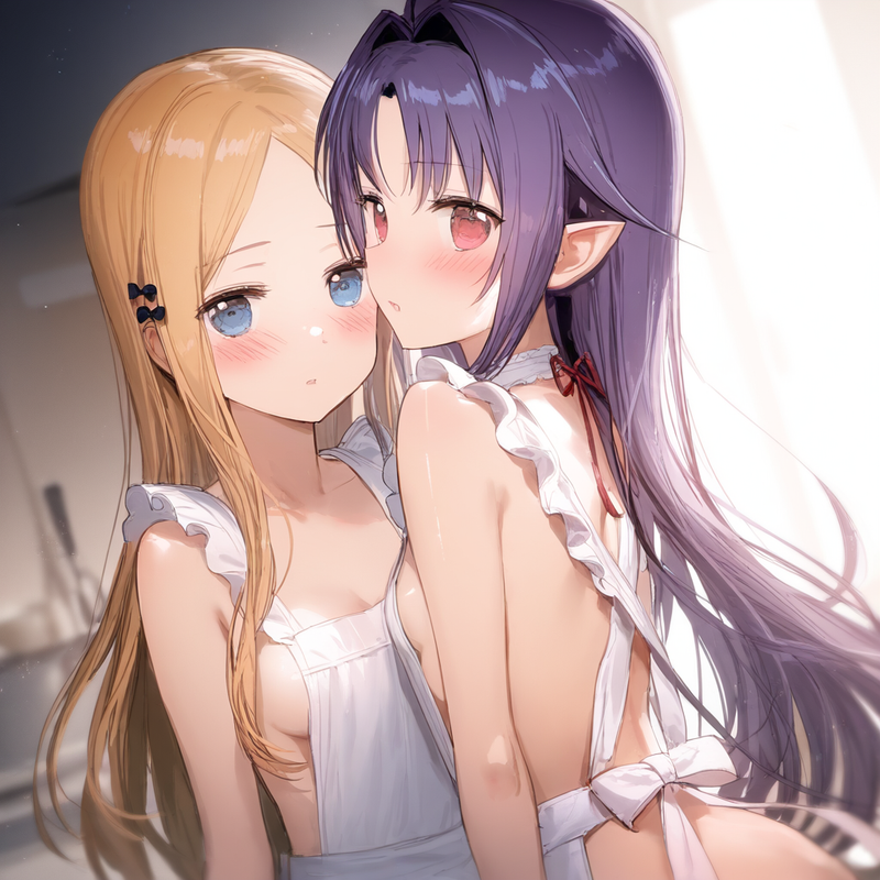 2girl, {{yuuki, sao}}, purple hair, red eyes, naked apron, {{abigail williams, f s-3802445287
