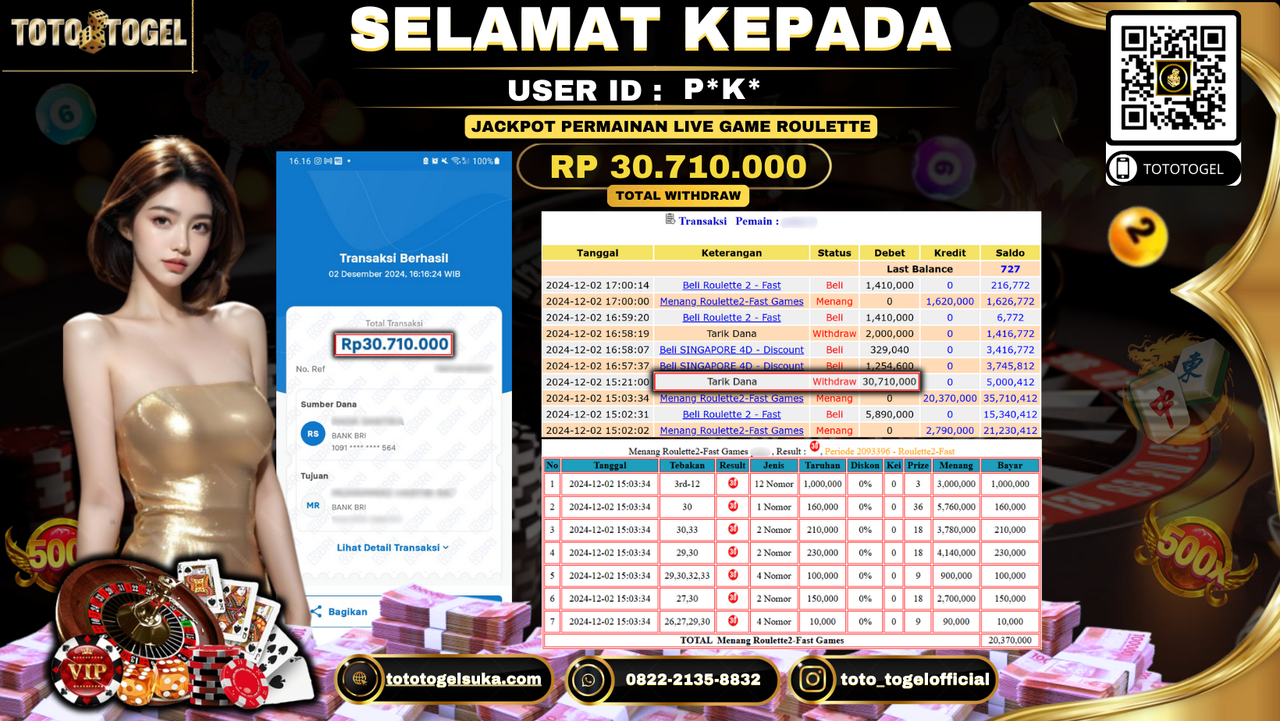 Bukti Pembayaran Jackpot Permainan Live Game RouletteID: P*K* LUNAS 
