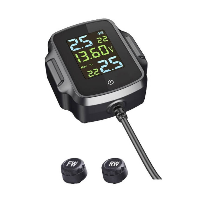 Pantalla del monitor TPMS instalada en el manubrio de una motocicleta, mostrando datos de presión.