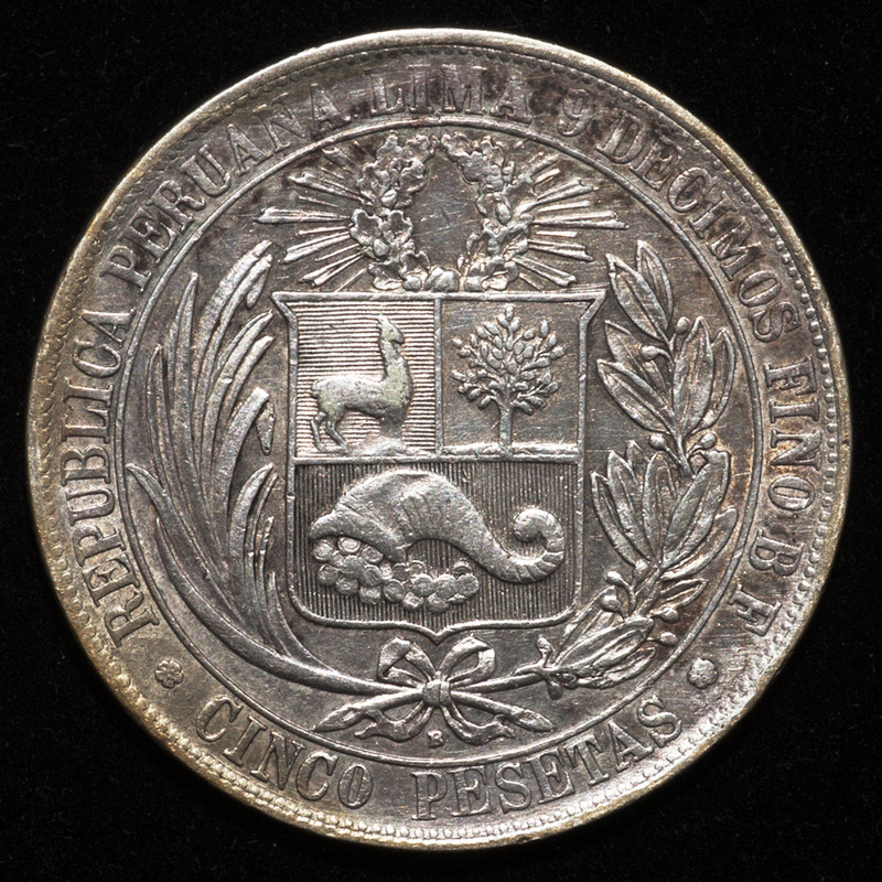5 pesetas Perú 1880. Guerra del Pacífico. PAS6861