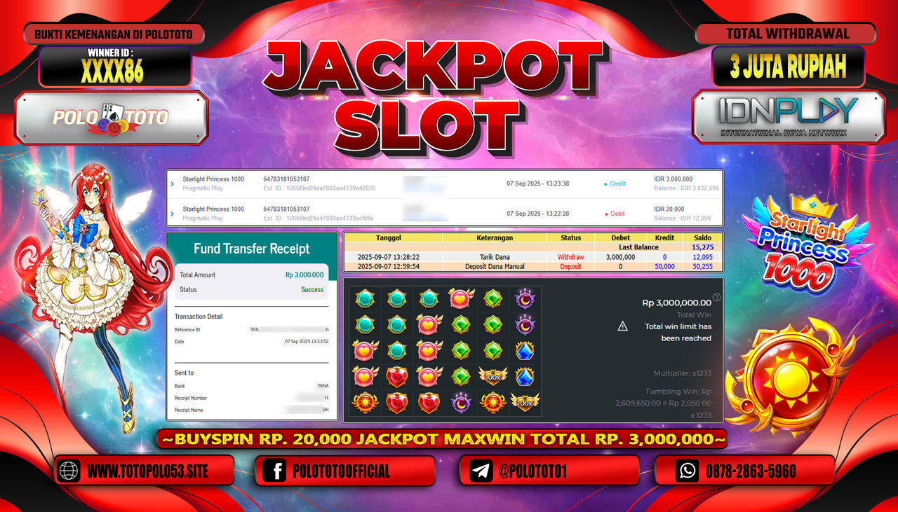 POLOTOTO JACKPOT SLOT STARLIGHT PRINCESS 1000 Rp.3.000.000,- LUNAS