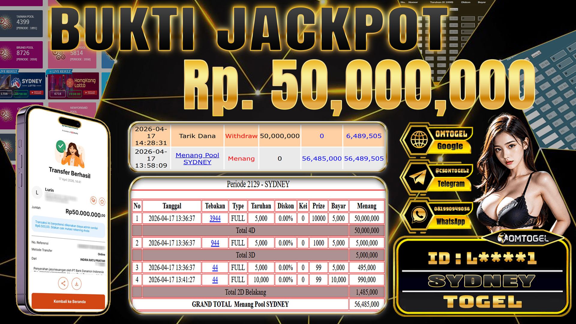 OMTOGEL JACKPOT TOGEL SYDNEY 4D 3D 2D ,50 JUTA DI BAYAR LUNAS ,-