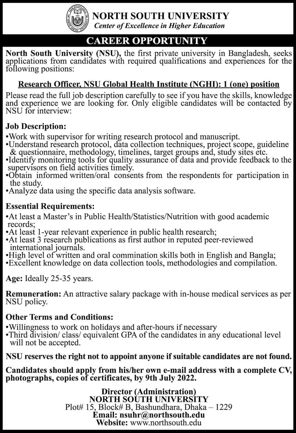 North South University NSU Job Circular 2022