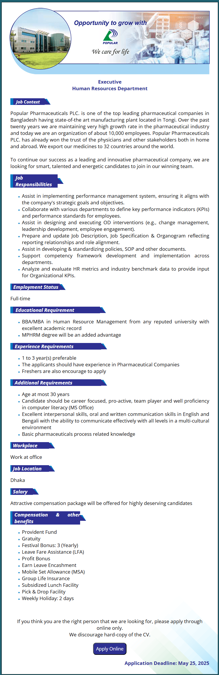 Popular Pharmaceuticals Ltd Job Circular 2025