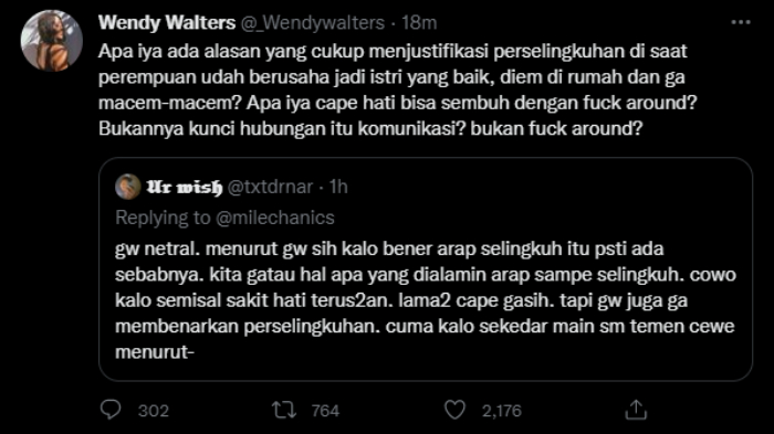 Cuitan Wendy Walters tak setuju soal selingkuh karena ada alasannya.