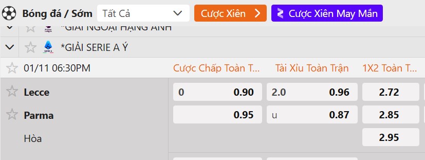 Tỷ lệ kèo Lecce vs Parma