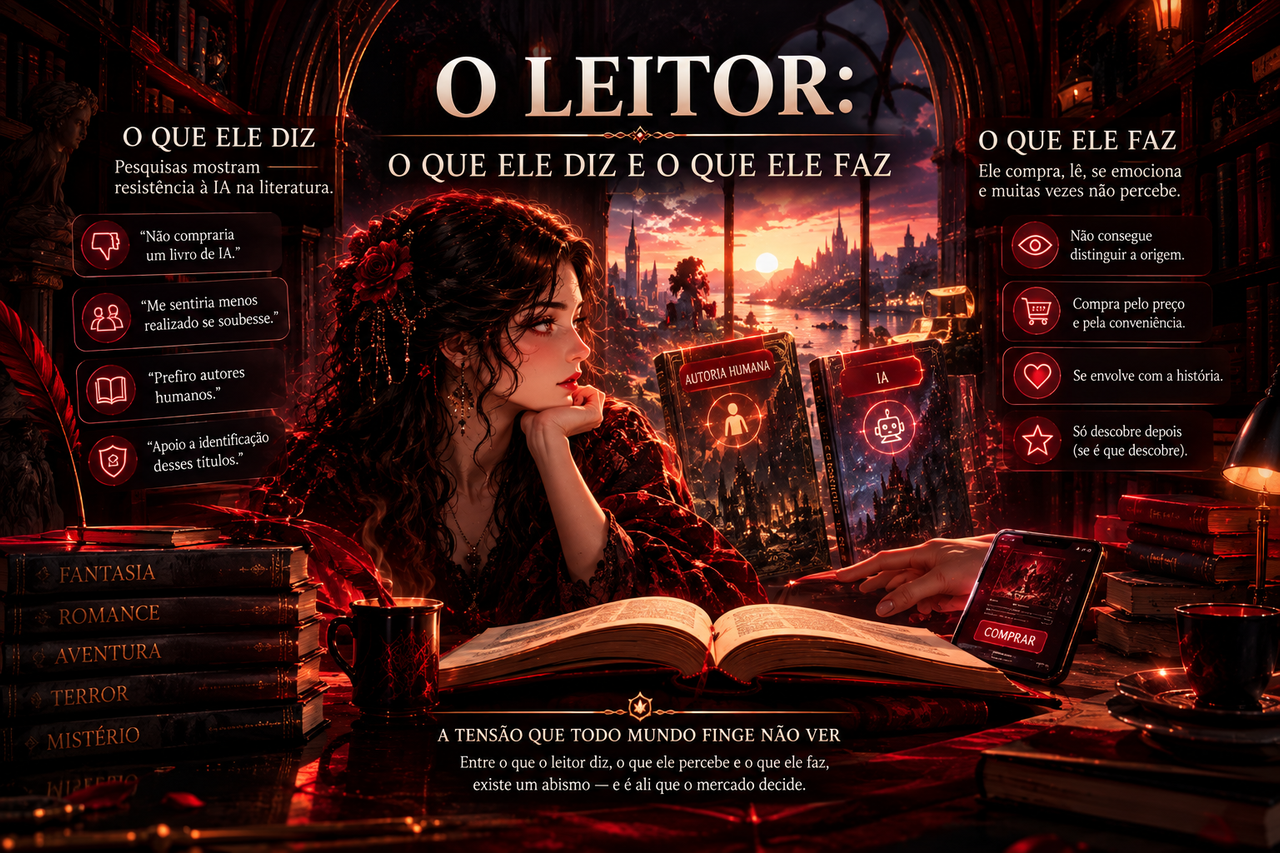 Infográfico comparativo sobre o comportamento do leitor frente à IA: o que o leitor declara em pesquisas de opinião versus o que ele realmente faz e consome no mercado literário
