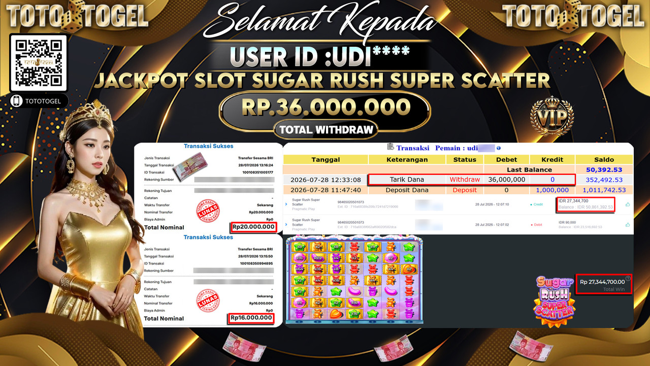 Bukti Pembayaran Jackpot SLOT SUGAR RUSH SUPER SCATTER  ID:UDI****LUNAS