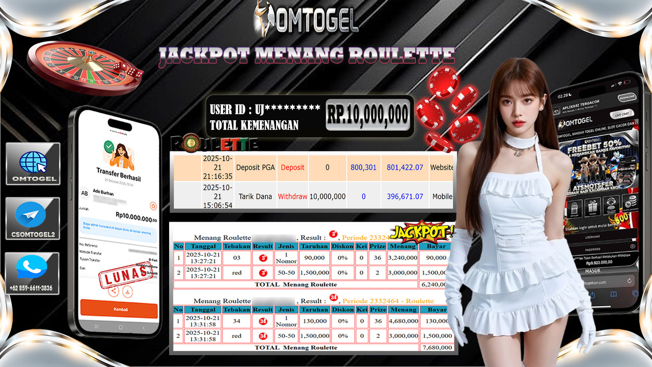 OMTOGEL JACKPOT LIVE GAMES ROULETTE 10 JUTA DI BAYAR LUNAS ,-