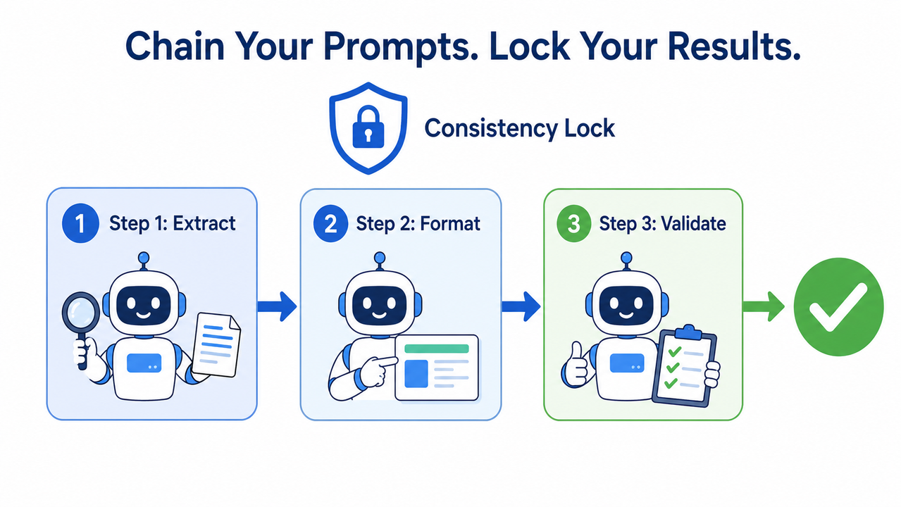 Prompt chain flowchart showing 3-step process to fix the same AI prompt producing inconsistent results each time