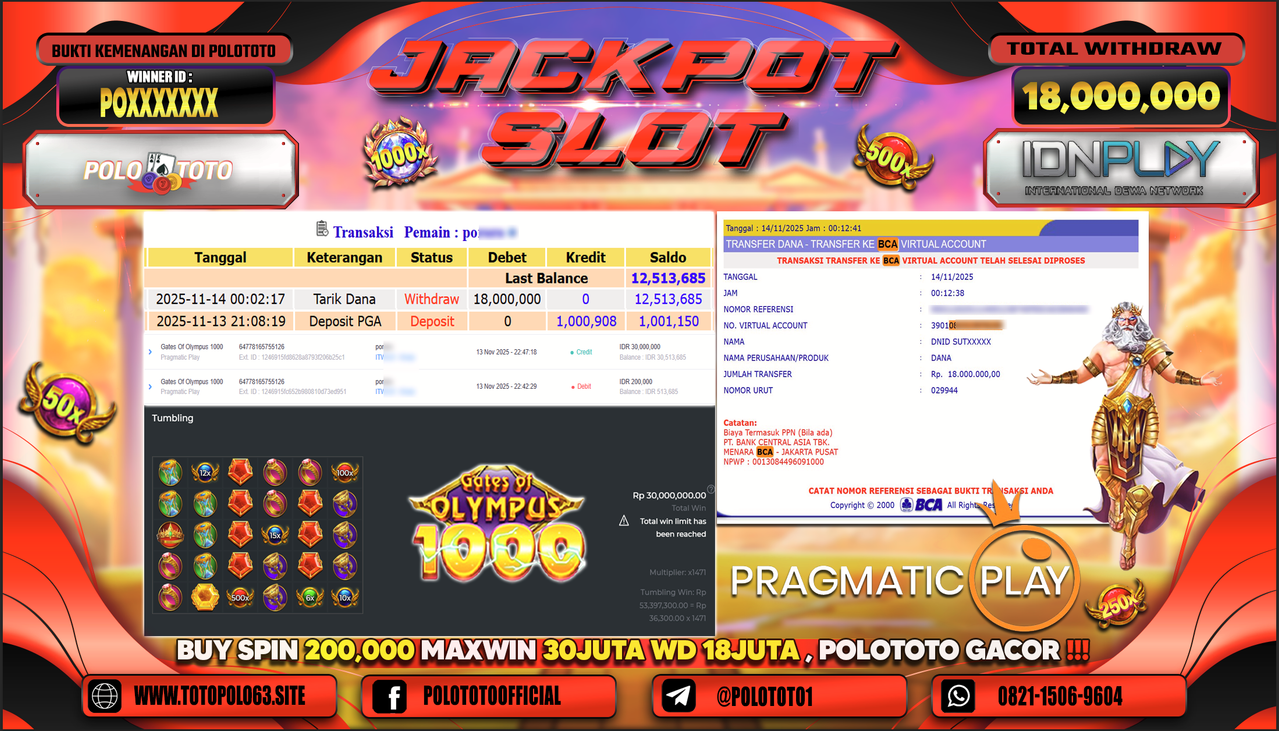 POLOTOTO JACKPOT SLOT GATES OF OLYMPUS 1000 Rp.18.000.000,- LUNAS